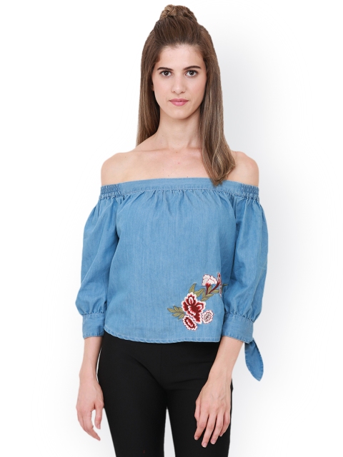 

Heather Hues Women Blue Denim Embroidered Top