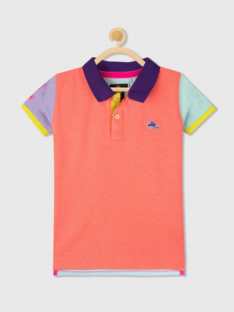 

Cherry Crumble Boys Peach-Coloured Solid Polo Collar T-shirt