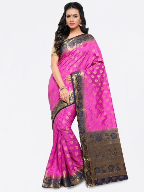 

Satrani Pink & Blue Poly Silk Woven Design Kanjeevaram Saree