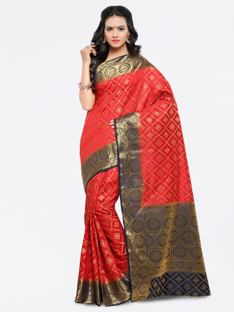 

Satrani Red & Blue Poly Silk Woven Design Kanjeevaram Saree
