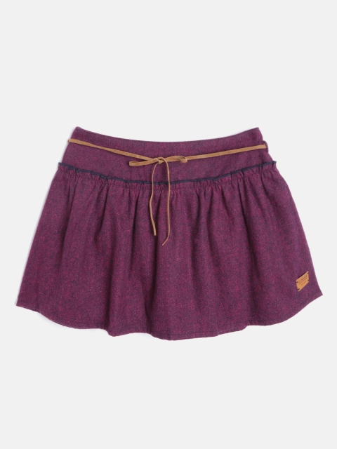 

U.S. Polo Assn. Kids Girls Aubergine Solid Cotton Flared Skirt & Suede Finish Fabric Belt, Purple