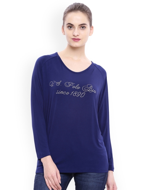 

U.S. Polo Assn. Women Women Blue Solid Round Neck T-shirt