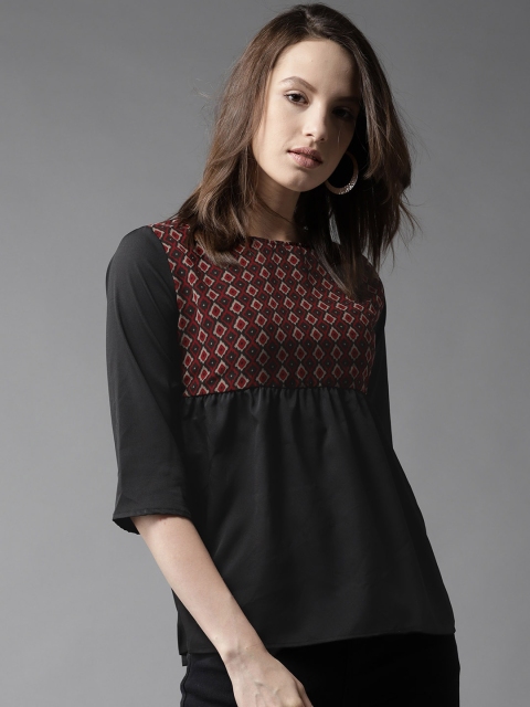 

HERE&NOW Women Black Printed Styled Back Top