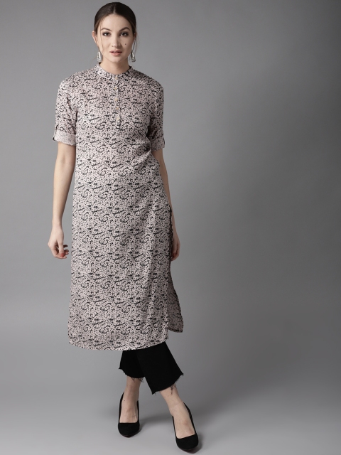 

HERE&NOW Women Light Pink & Black Printed Straight Kurta