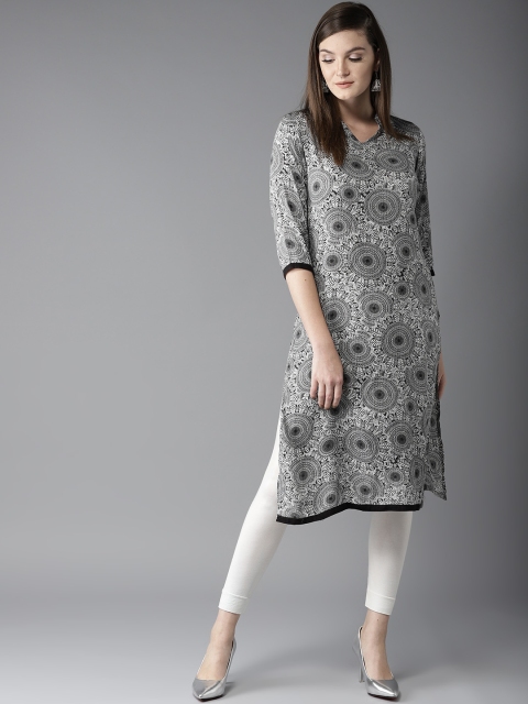 

HERE&NOW Women Black & White Printed Straight Kurta
