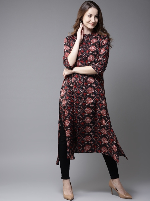 

HERE&NOW Women Black & Red Printed Asymmetric A-Line Kurta