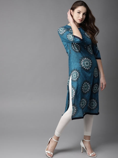 

HERE&NOW Women Blue Printed Straight Kurta