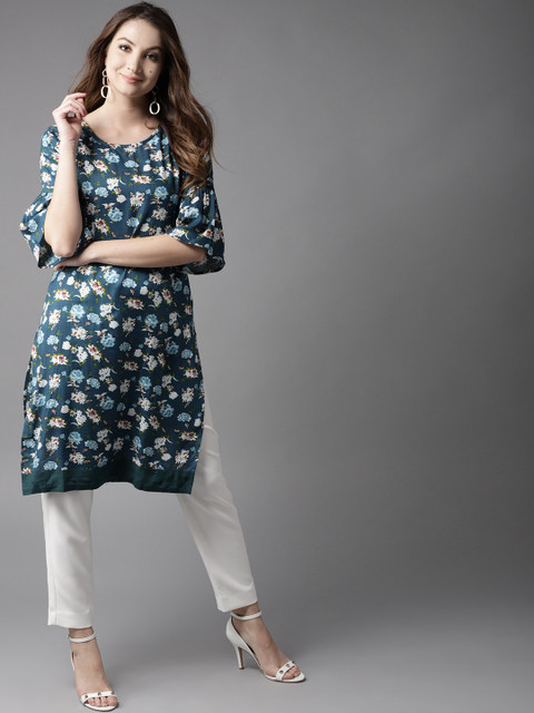

HERE&NOW Women Teal Blue Floral Print Straight Kurta