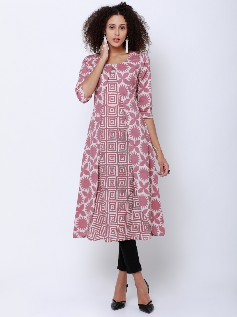 

Vishudh Women Pink & Cream-Coloured Printed A-Line Kurta