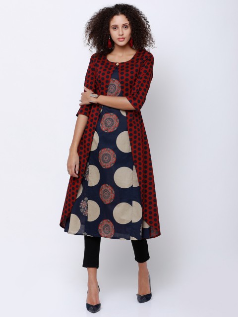

Vishudh Women Navy Blue & Maroon Printed A-Line Kurta