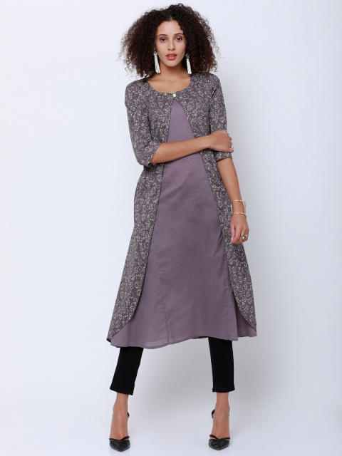 

Vishudh Women Grey & Lavender Printed A-Line Kurta