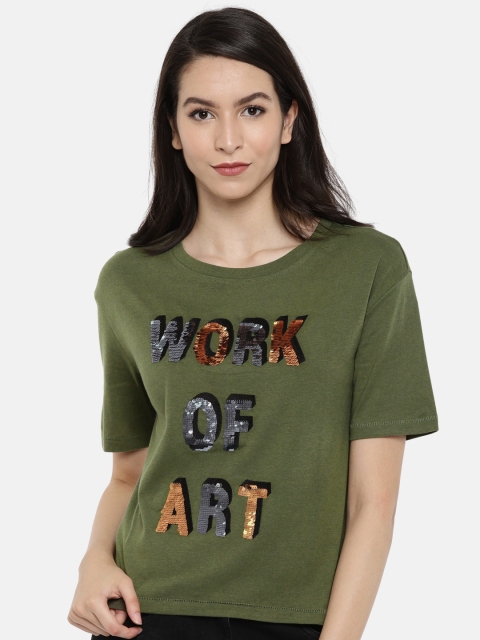 

ONLY Women Olive Green Embellished Round Neck T-shirt