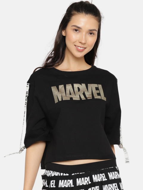 

ONLY Women Black Marvel Printed Round Neck T-shirt