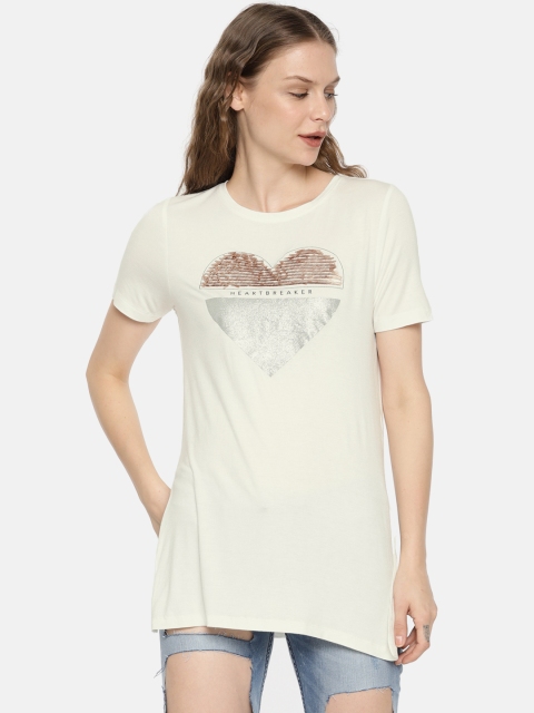 

ONLY Women White Printed Round Neck Embellished T-shirt