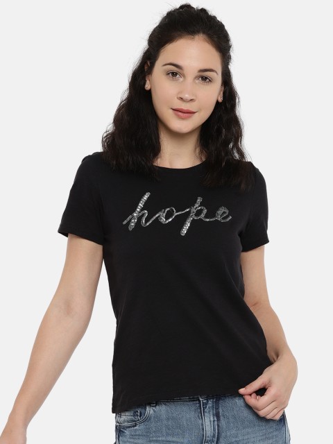 

ONLY Women Black Printed Embellished T-shirt