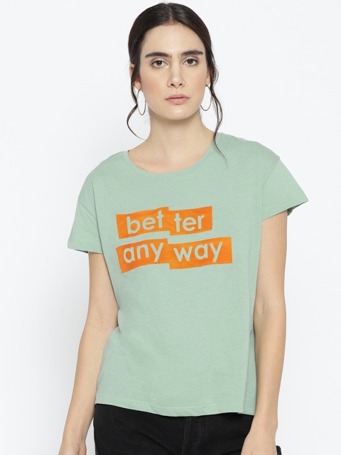 

ONLY Women Sea Green & Orange Embossed Print Round Neck T-shirt