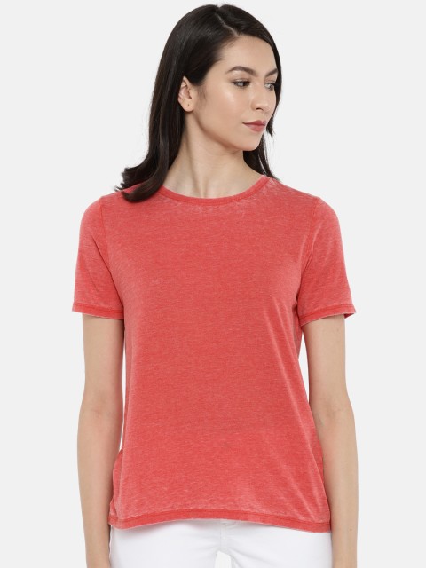 

ONLY Women Coral Pink Solid Round Neck T-shirt
