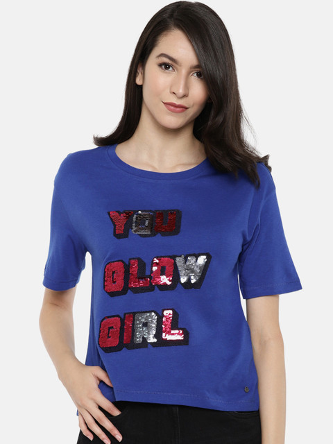 

ONLY Women Blue Printed Round Neck T-shirt