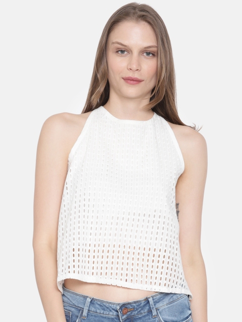 

ONLY Women Off-White Self Design Pure Cotton Top