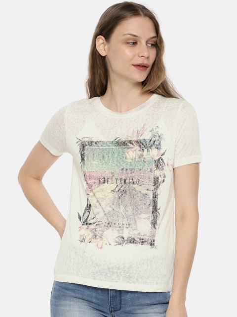

ONLY Women Off-White Printed Round Neck T-shirt