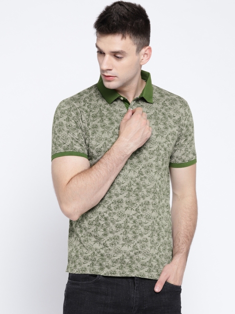 

Blackberrys Men Olive Green Printed Polo Collar Pure Cotton T-shirt