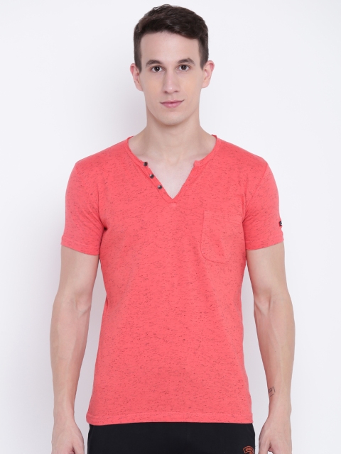 

Sweet Dreams Men Coral Solid V-Neck T-shirt