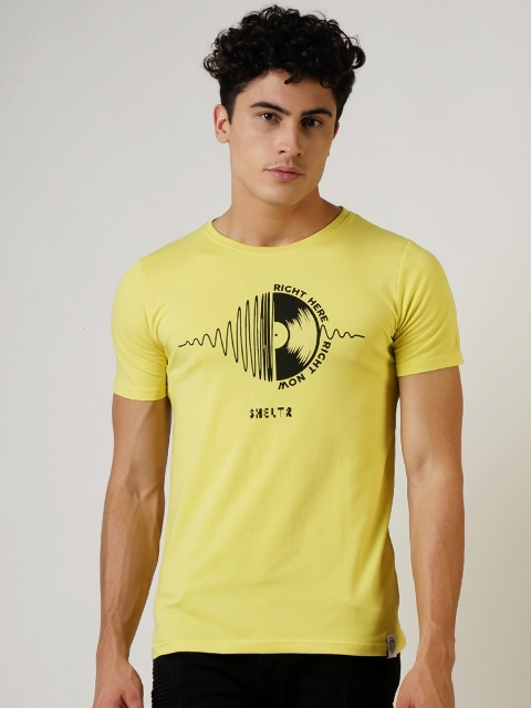 

SHELTR Men Yellow Printed Round Neck T-shirt