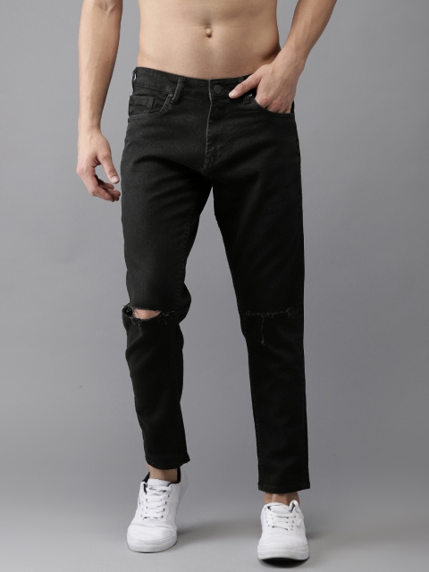 

HERE&NOW Men Black Slim Fit Mid-Rise Cropped Slash Knee Stretchable Jeans