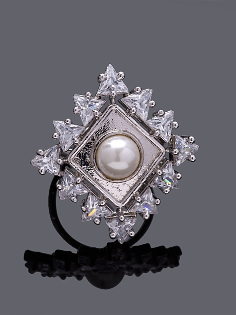 

Studio Voylla Women Silver Toned Stone & Pearl Studded Statement Ring