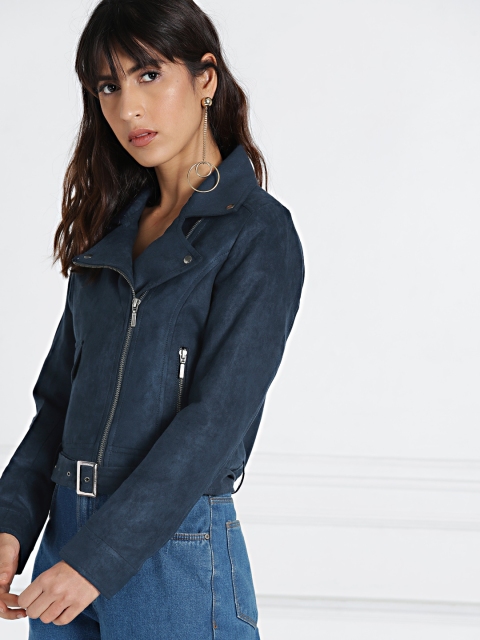 

all about you Navy Blue Solid Biker Jacket