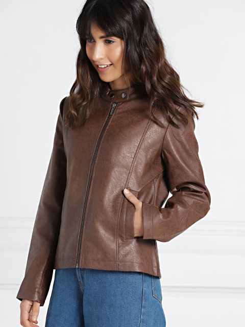 

all about you Women Brown Solid PU Biker Jacket