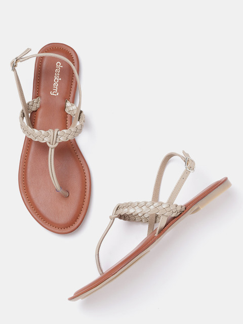 

DressBerry Women Beige Braided T-Strap Flats
