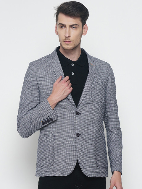 

The Indian Garage Co Navy Blue & White Printed Slim Fit Single-Breasted Casual Blazer