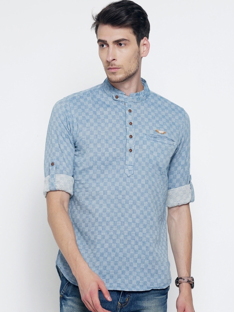 

The Indian Garage Co Men Blue Checked Straight Kurta