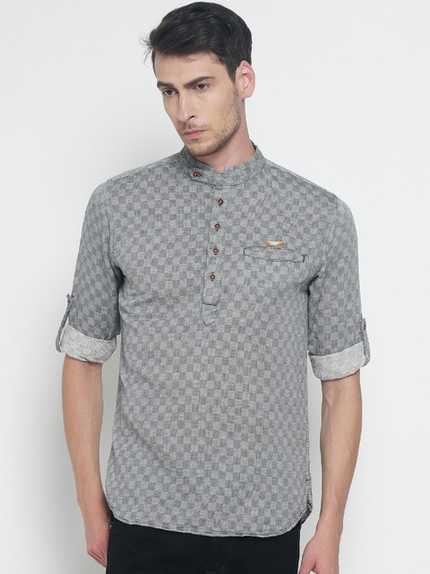 

The Indian Garage Co Men Grey Checked Straight Kurta