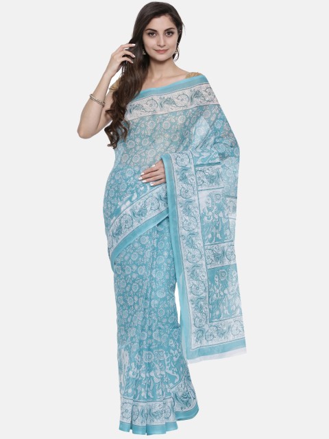

Pavechas Blue Polycotton Printed Mangalagiri Saree