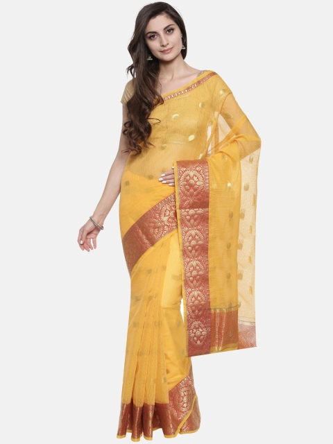 

Pavechas Yellow Cotton Blend Checked Kota Saree