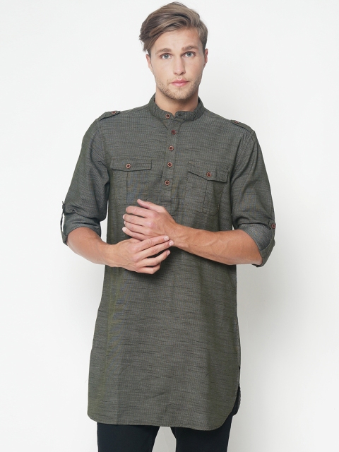 

Freehand Men Olive Green & Grey Solid Straight Kurta