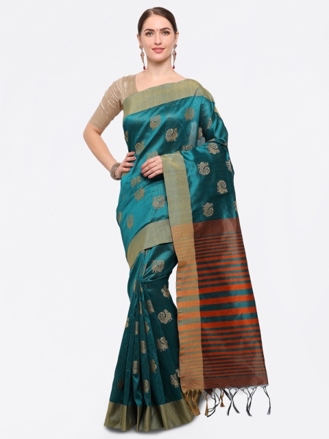 

Satrani Teal Green Tussar Silk Jacquard Woven Design Maheshwari Saree
