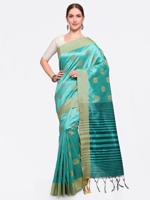 

Satrani Turquoise Blue Tussar Silk Jacquard Woven Design Maheshwari Saree