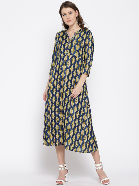 

Rangriti Women Blue & Green Printed A-Line Dress