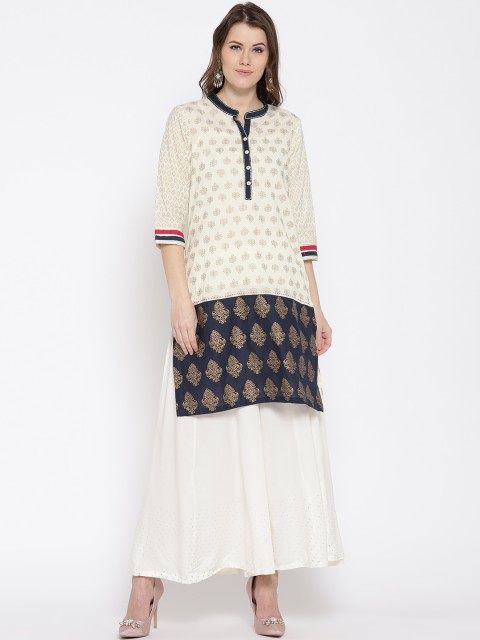 

Rangriti Women Off-White & Gold-Toned Printed Straight Kurta