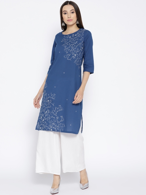 

Rangriti Women Blue Embroidered Straight Kurta