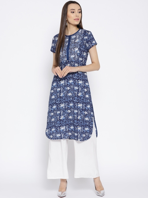 

Rangriti Women Navy Blue & White Printed Straight Kurta