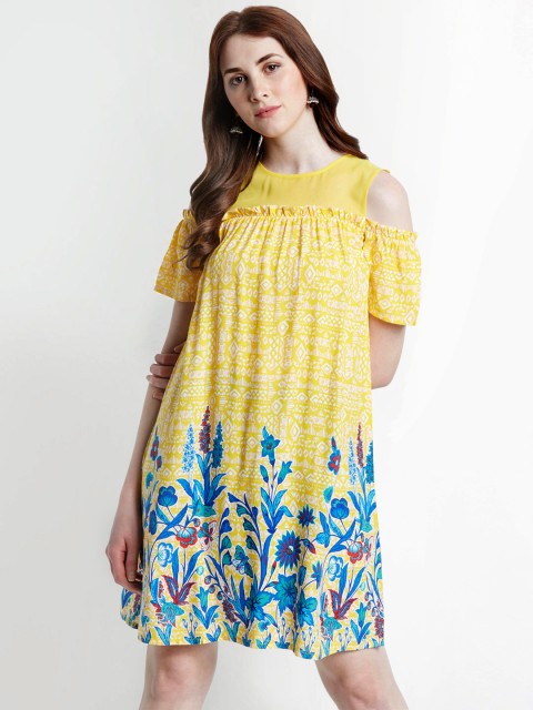 

AKKRITI BY PANTALOONS Women Yellow Printed A-Line Dress