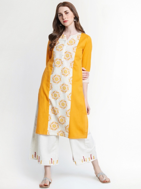 

RANGMANCH BY PANTALOONS Women Orange & Cream-Coloured Printed Straight Kurta