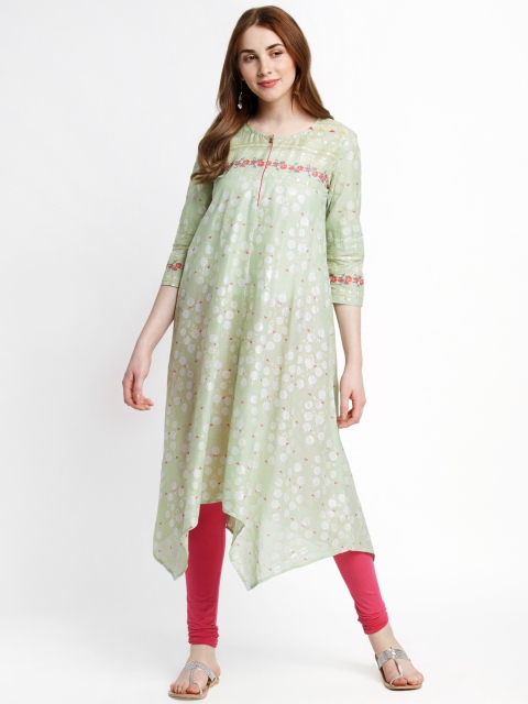 

RANGMANCH BY PANTALOONS Women Green Printed Handloom A-Line Kurta