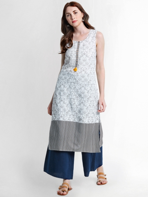 

RANGMANCH BY PANTALOONS Women White & Brown Floral Printed Straight Kurta