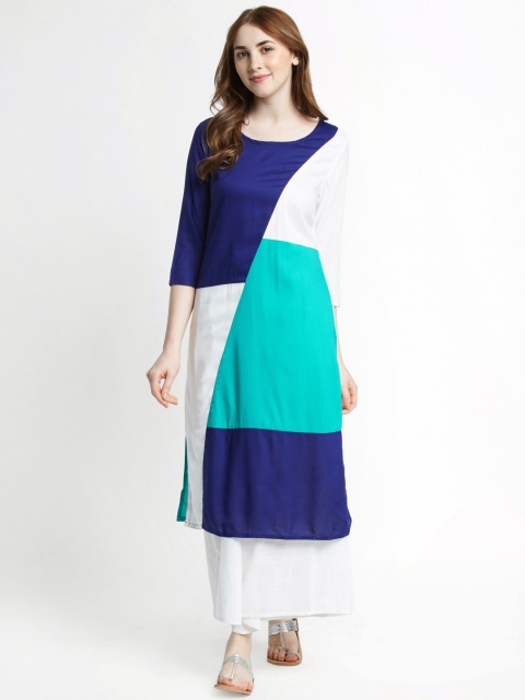

RANGMANCH BY PANTALOONS Women White & Blue Colourblocked Kurta