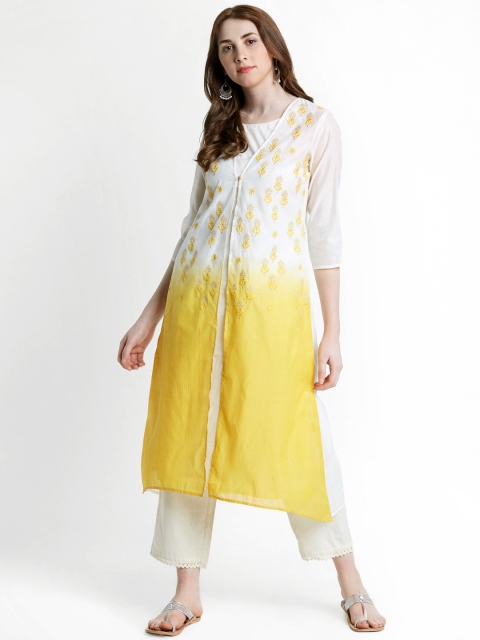 

TRISHAA BY PANTALOONS Women Off-White & Yellow Embroidered Kurta with Palazzos